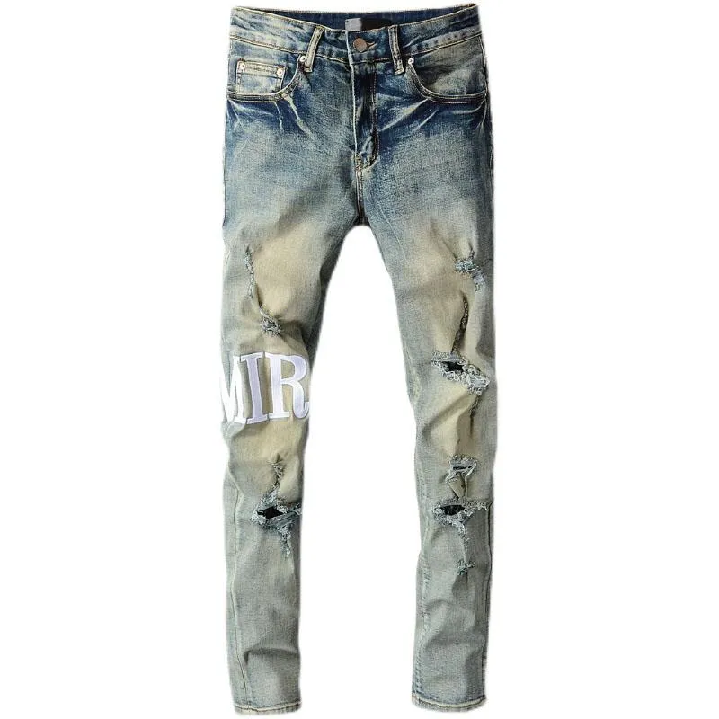 Mäns Jeans 2021 High Street Style Retro Distressed Ripped Broderad Stretch Slim-Fitting Denim Pants Byxor för män 684