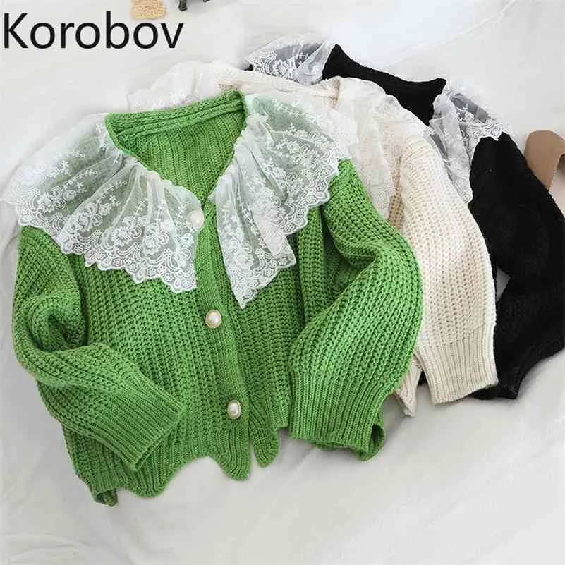 Korobov Sweater Coat Female Lace Stitching Lotus Leaf Collar Fake Two Pieces Loose Sweet Wave College Style Cardigan Knitted Top 210430