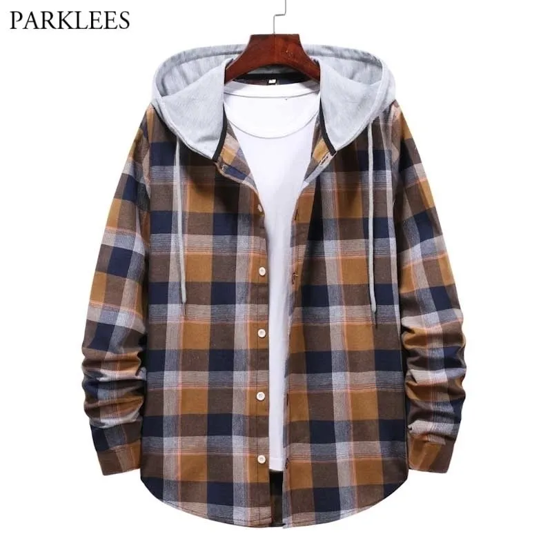 Classic plaid hoodie tröja män mode patchwork långärmad checkade hooded tröjor mens hipster streetwear shirt chemise 210522