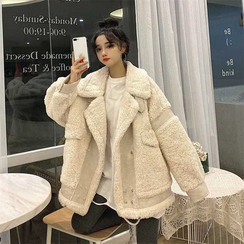Lucyever mulheres casaco de lã de cordeiro inverno engrossado quente casaco macio feminino oversize bege bege casual casaco casacos 211110
