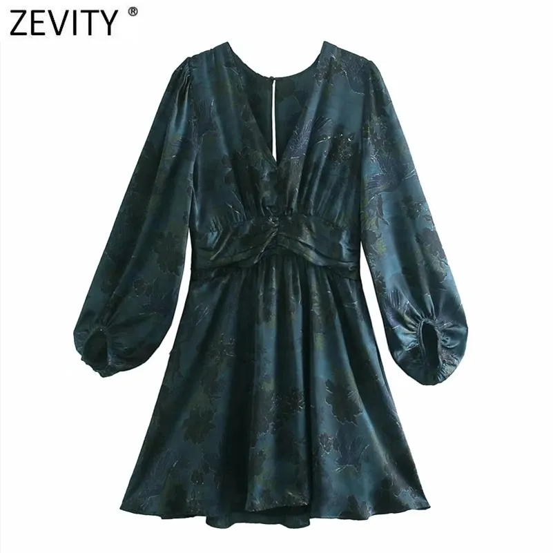 Femmes Vintage V Cou Taille Plissée Imprimer Casual Slim Mini Robe Femme Chic Dos Split Zipper Kimono Robe DS4850 210416