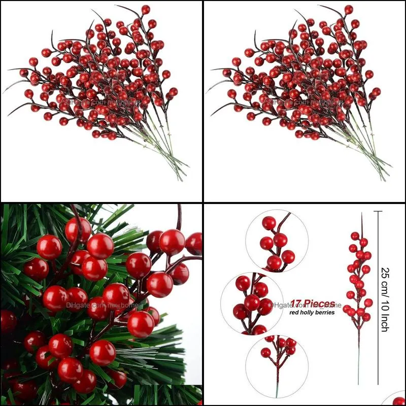 2021 20PCS Artificial Red Berries Fake Flowers Fruits Berry Stems Crafts Floral Bouquet for Wedding Christmas Tree Decoration