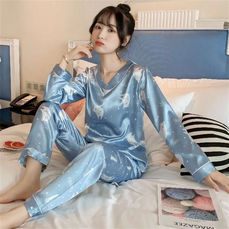 女性のための長袖のシルクパジャマのセットの女性秋のサテンの睡眠りパジャマのナイトウェアセット若い女の子ピジャマセットフェムムVネックホームウェア210928