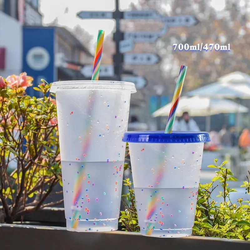 24oz / 16oz Hoge kwaliteit Mokken Confetti Cup met Rainbow Straw Dot Color Changing Cups PP Cold Water door zee CCA12128