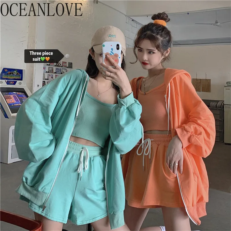 Solid Three Piece Set Women Sweet Fashion Summer Ropa Mujer Girls Korean Sweat Pants All Match Suits 17005 210415