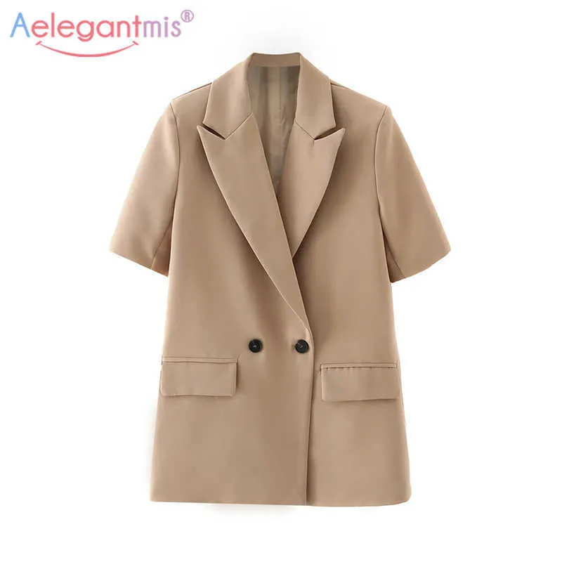 Aelegantmis Büro Dame Kurzarm Blazer Frauen Hochwertige Taschen S Jacke weibliche losen Khaki -Mantel Korean Chic 210607