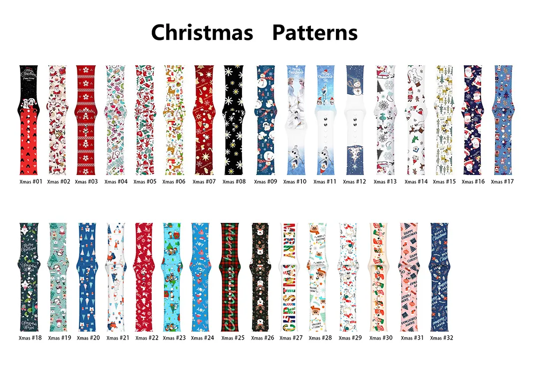 32 Colors Christmas Printed Silicone Band iWatch Bracelet Straps for Apple Watch Series 7/6/5/4/3/2 SE 40 41 44 45mm Watchband