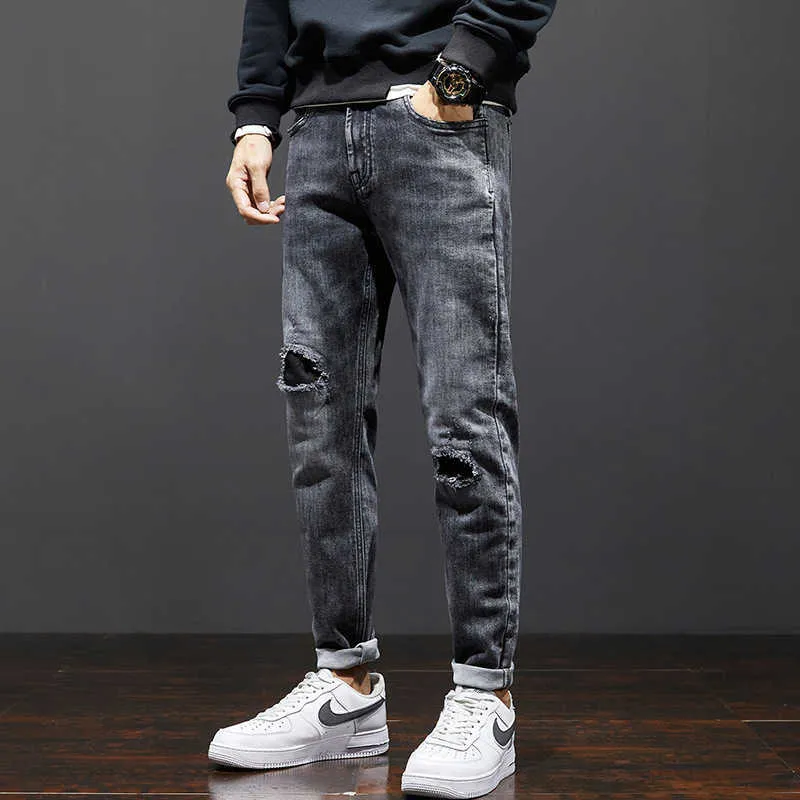 Koreański styl moda mężczyźni dżinsy retro czarny szary elastyczny slim fit rozdzierający denim spodnie Streetwear Hip Hop Designer Ołówek Spodnie