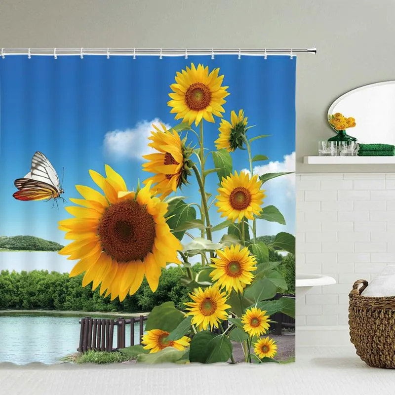 Shower Curtains Sunflower Bathroom Curtain Flower Landscape Waterproof Bath Screens Large Size 300X180 With Hooks