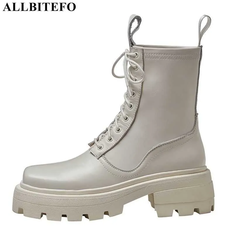 ALLBITEFO Waterproof platform shoes genuine leather women boots autumn fashion high heel shoes ankle boots motocycle boots 210611