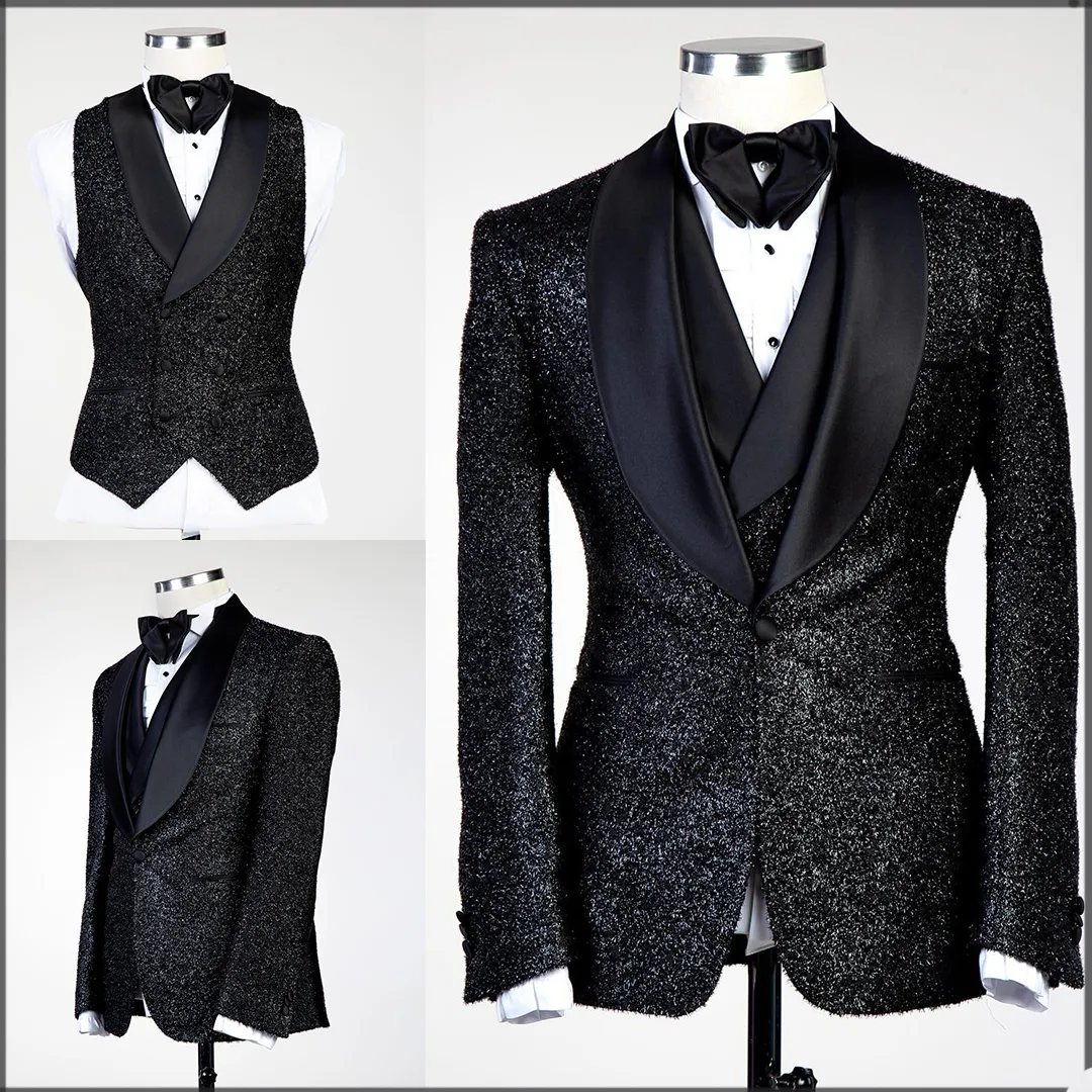 Glitter Black Sequins Mens Passar Groom Wear Wedding Blazer Tuxedos Formell Business Prom Byxor Coat Jacket 3 stycken