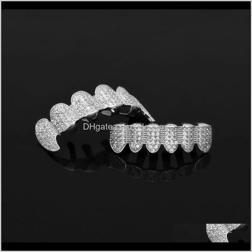 gold shiny iced out teeth grillz rhinestone top&bottom grills set hip hop jewelry