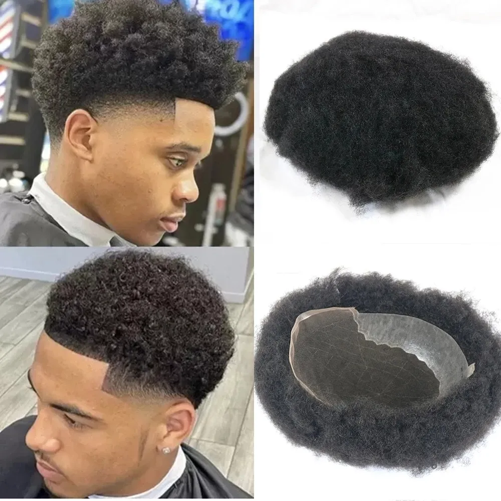Ludzkie włosy 4mm Afryki Afro Curl Q6 Koronki Przód z Pu Afro Toupee Dla Czarnych Mężczyzn Pełne Koronki Czarne Męskie Włosy Kawałki W magazynie