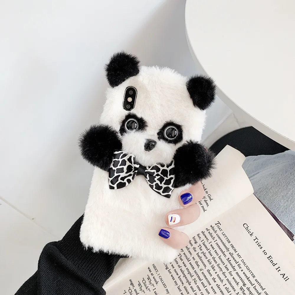 3D Panda Karikatür Cep Telefonu Kılıfları Kürklü Kürk Moda Yumuşak Rahat Kılıf Çocuk Kız Sevimli Kapak iphone 7 8Plus XR XSMAX 11 12 13 Pro Max