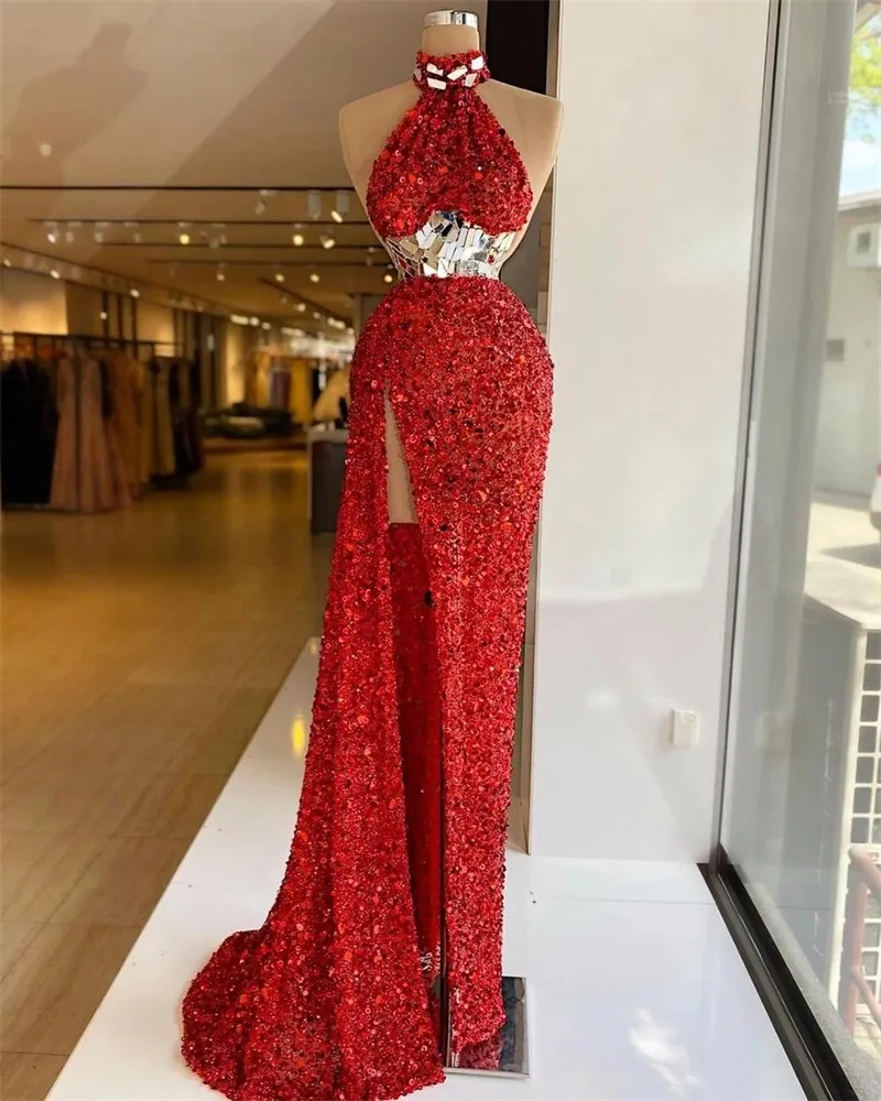 Luksusowe czerwone Syrenki Suknie Wieczorowe Designer Crystals Cekiny Koraliki Prom Dress Bez Rękawów Wysoki Szlifierki Custom Made Formal Party Suknie Robe de Mariée