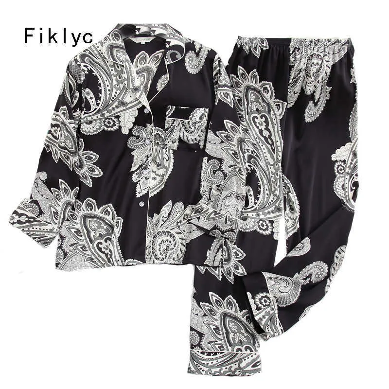 Fiklyc Underwear Primavera das Mulheres / Outono Calças de Manga Longa Two-Participas Pijamas Conjuntos Faux Silk Pijamas Homeowear Sets Sets Q0706