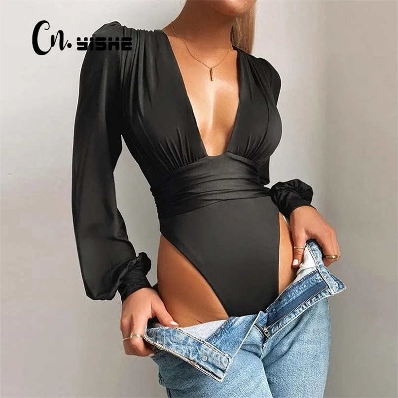 Cnyishe Black Deep V Neck Bodysuit Women Rompers Sexig bodycon Jumpsuit Solid Elastic Casual Party Bodysuits Body Tops Overalls 220226