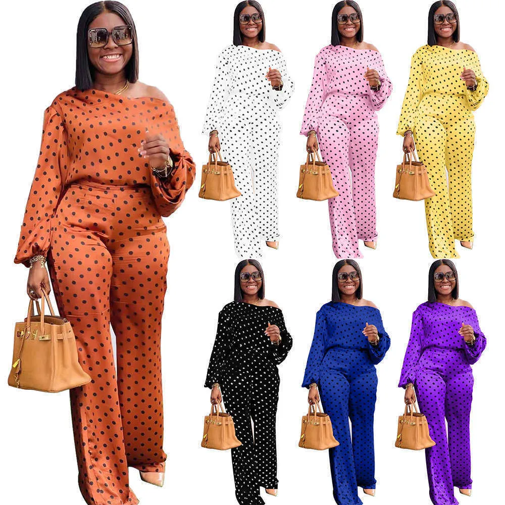 Femmes vêtements 2023 mode Dot imprimé à manches longues chemise et pantalon décontracté ample diagonale épaule violet dame costume grande taille S-4xl