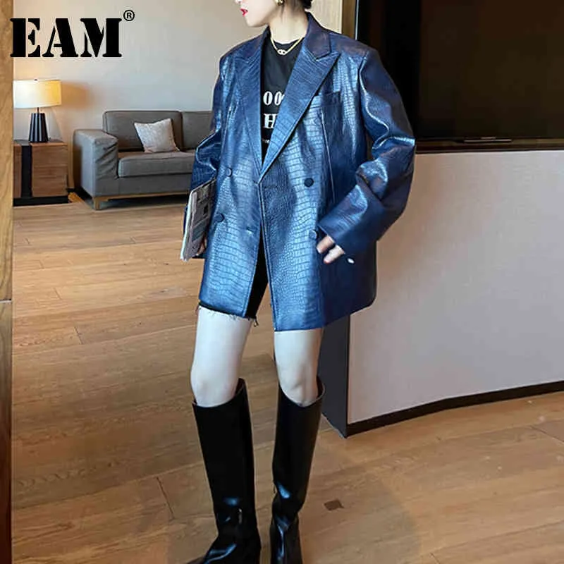 [EAM] Giacca da donna in pelle PU modello blu con risvolto manica lunga vestibilità ampia moda primavera autunno 1DD6434 210512