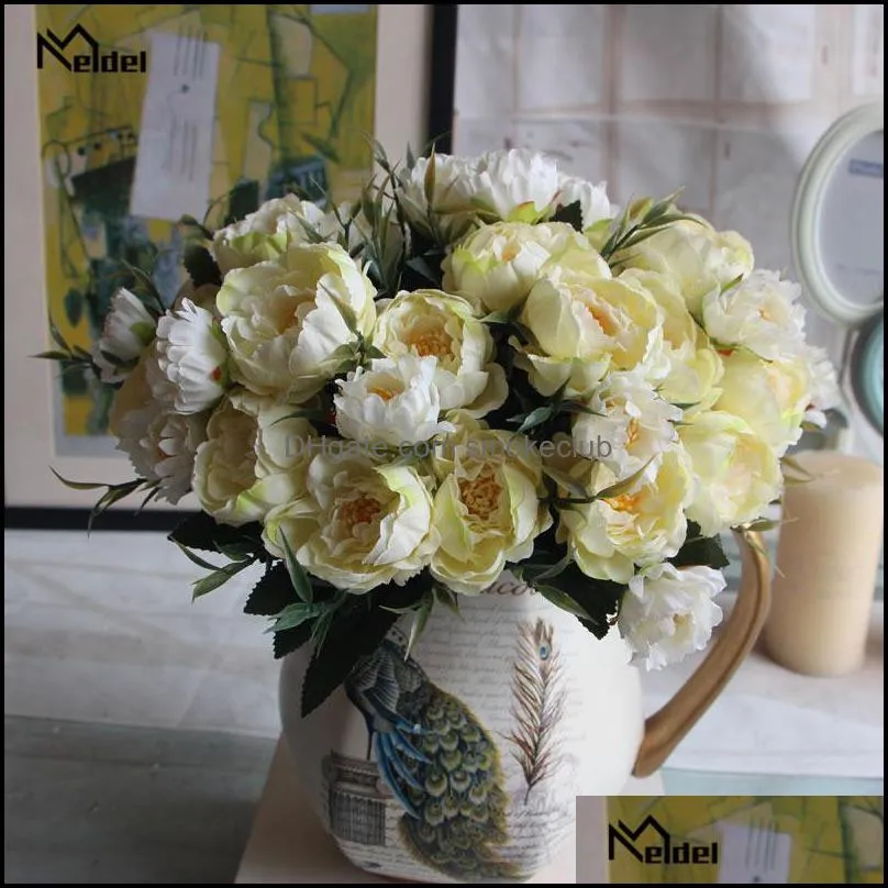 Couronnes de fleurs décoratives Fête fête de fête Accueil Jardin Meldel Big Silk Fleur artificielle Peonies Bouquet 5 Têtes Faux pour le mariage D