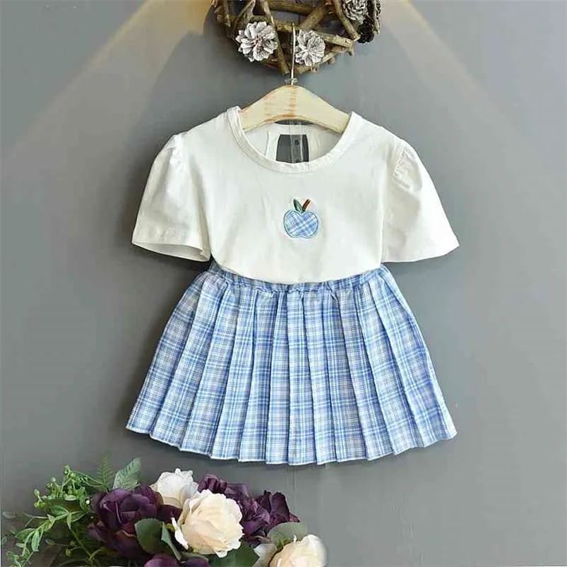 Sommer Kinder Kleidung Apple Stickerei Kurzarm Shirtplaid Rock Niedliche Kleine Mädchen Kleidung Set Mode Kinder Outfits 210715