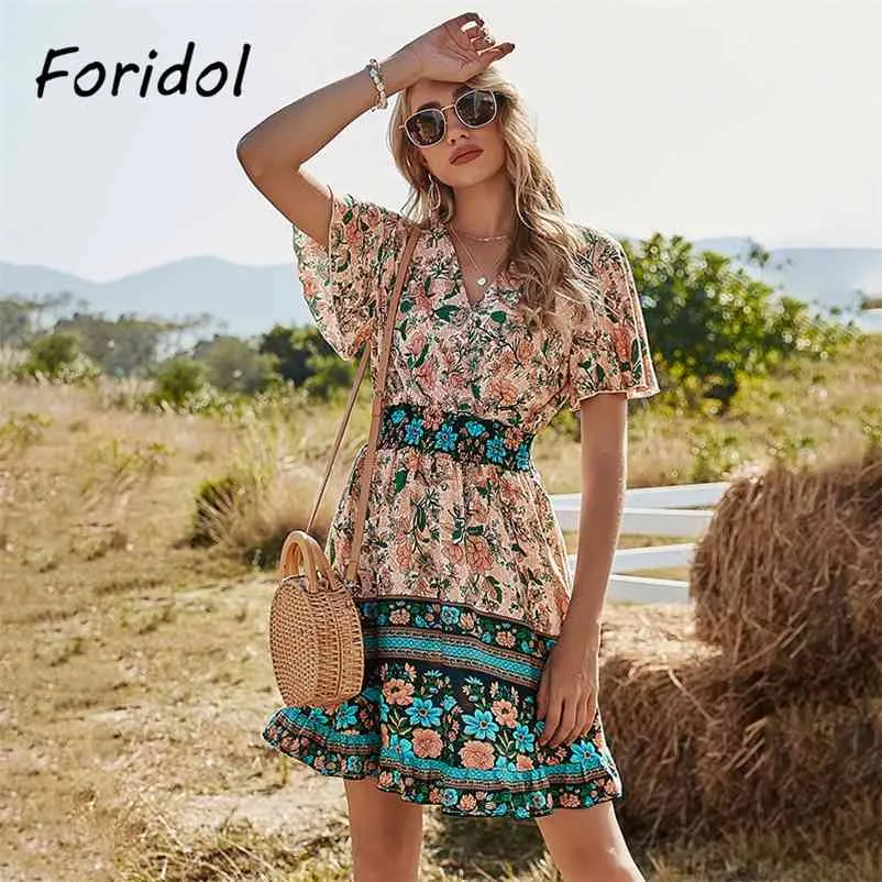 Foridol Floral Print Czeski Dress Casual Krótki Rękaw Summer Beach Style Sukienka Kobiety Kobiet Eleganckie Vestidos 210415