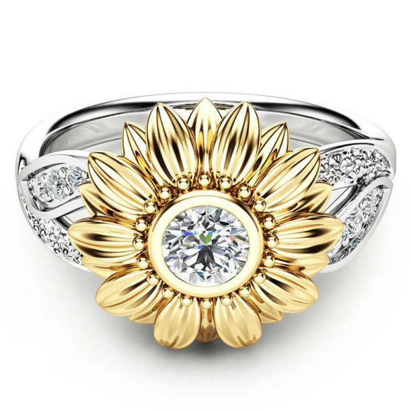 Crystal Sunflower Ring Women White Wedding Ring Gift X0715