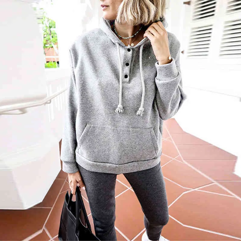 Herbst Hoodies Frauen Casual Feste Kapuze Kordelzug Knopf Tasche Sweatshirts Damen Langarm Hoodies Outwear Übergroßen S-3XL 210507