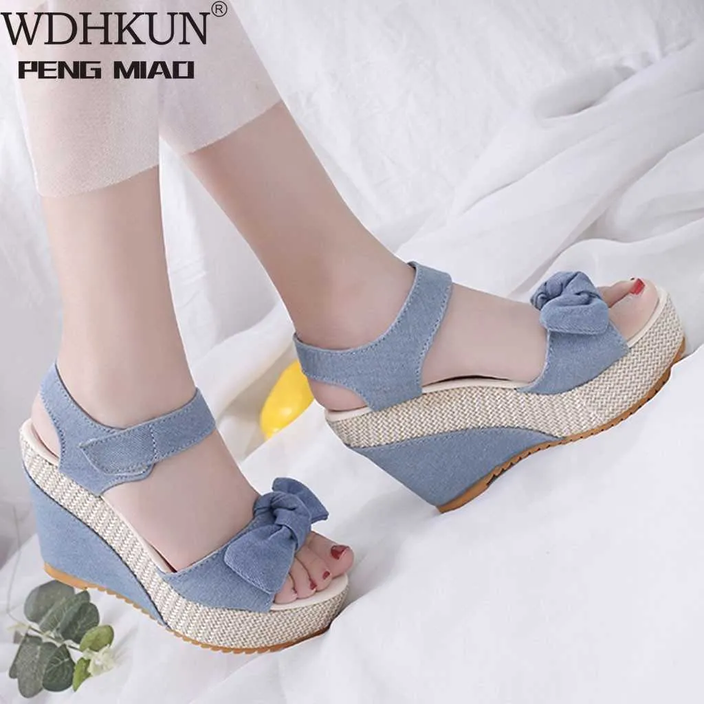 2020 New Designer Denim Sandals Women Sandals High Quality Wedges High Heels Peep-Toe Platform Shoes Woman Thick Bottom Sandals Y0608