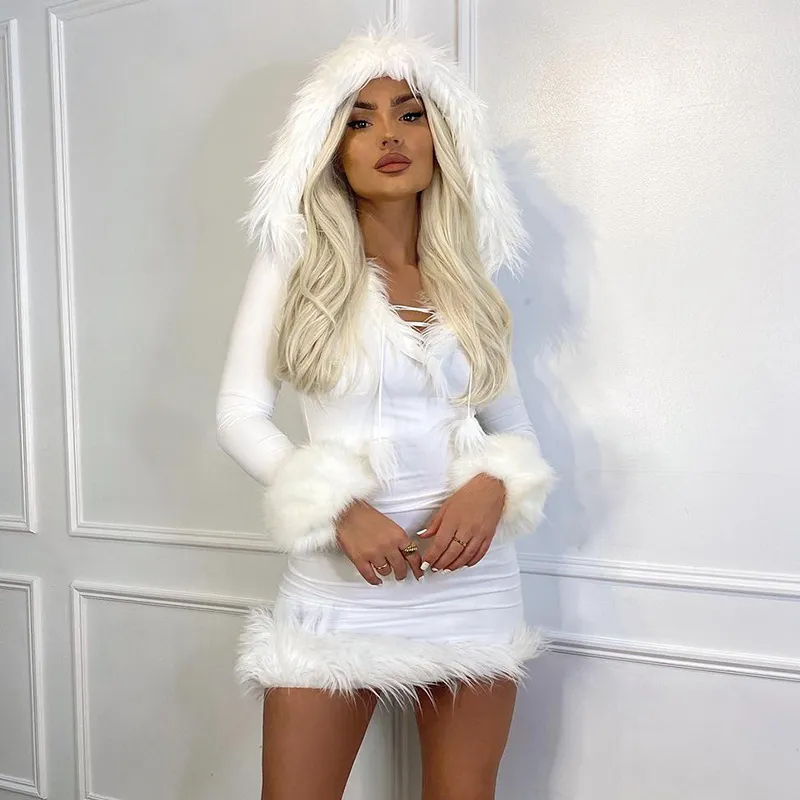 Fluffy street style winter dress stitched lace up hooded fashion miniskirt womens autumn long sleeve V-neck dress tight fuzzy party