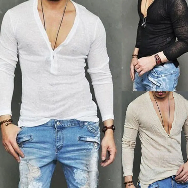 Männer Herbst Leinen T-shirt Männlich Sexy Tiefem V-ausschnitt Slim Fit T-shirts Casual Weiß Langarm T Tops S-2XL