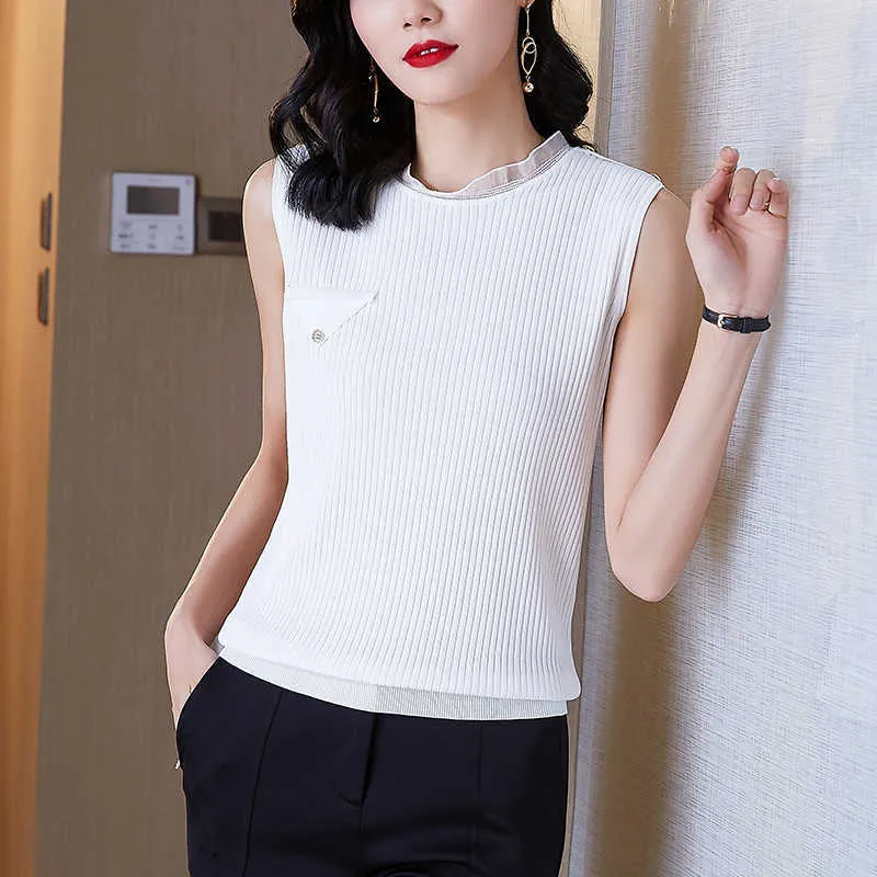 Koreli kadın gömlek örme bluzlar kadınlar için kolsuz kadın üst beyaz o-boyun bluz kadın temel 210604