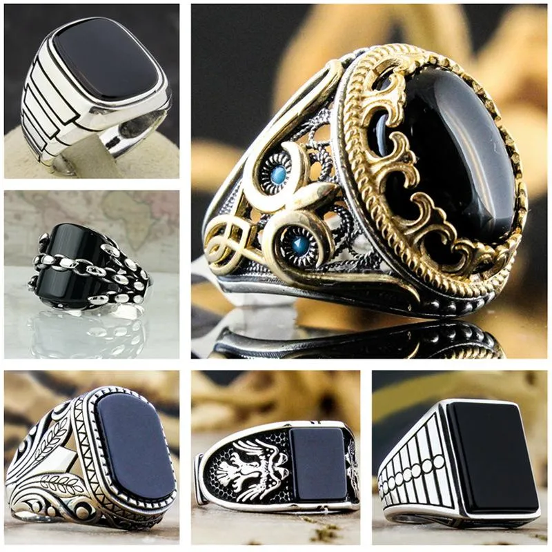 Wedding Rings Vintage Silver Color Carved Black Zircon Anniversary Ring For Men Women Classic Gems Stone Eagle Engagement Jewelry