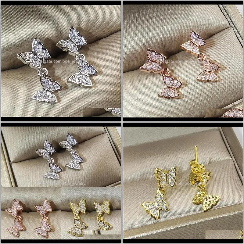 2019 new arrival luxury jewelry 925 sterling silver&rose gold fill pave 5a white clear cubic zirconia butterfly women earring for