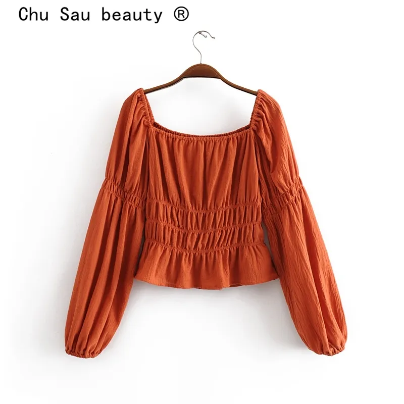 Chu Sau beauty Fashion Summer Solid Pleated Fold Cotton Shirts Women Casual Chic Long Sleeve Blouses Female Chaqueta De Moda 210508