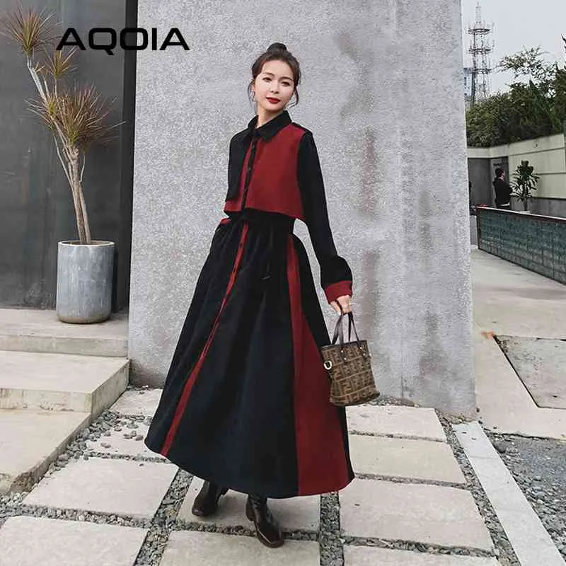 Frühling Koreanische Frauen Maxi Kleid Vintage Patchwork Button Up Drehen Unten Kragen Hemd Plus Größe Abnehmbare Schal Robe 210521