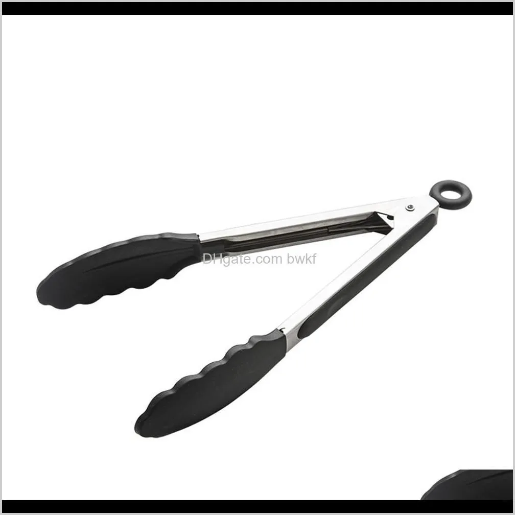 stainless steel silicone tongs meat barbecue bbq clips salad bread food bar serving tongs silver black hangable kitchen tool 1pc