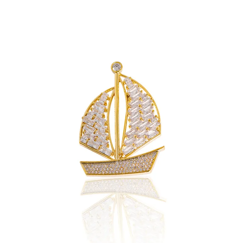 Madrry Cubic Zircon Sailboat Shape Brooches For Women Men Gold Color Lapel Pin Brooch Fine Gift Wedding Bridal Corsage