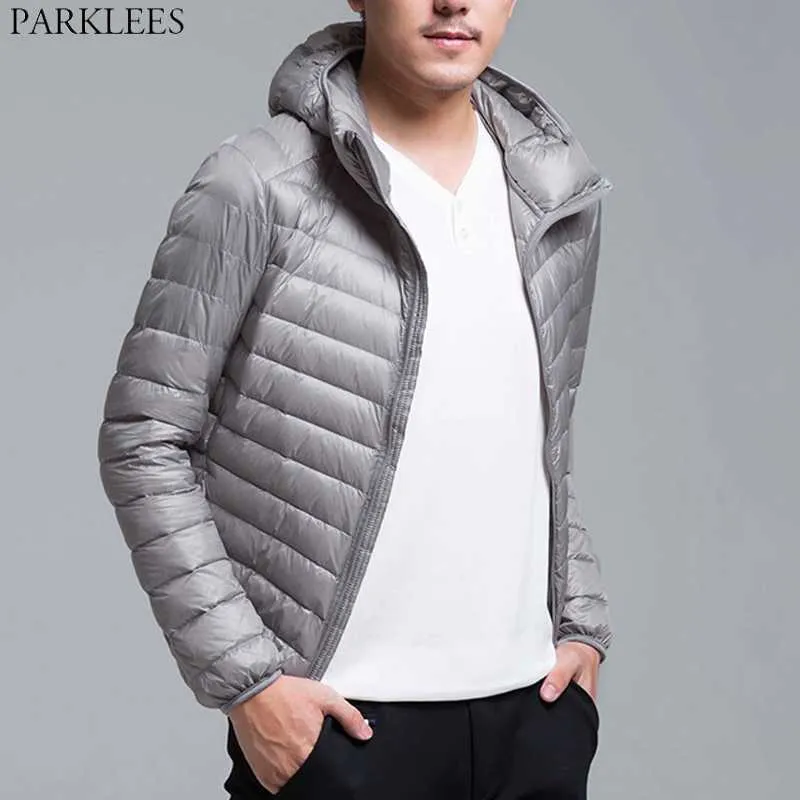 Winter Black Hooded Duck Down Jacket Men Ultralight Breathable Packable Puffy Coat Casual Warm Puffer Coat Outerwear 211015