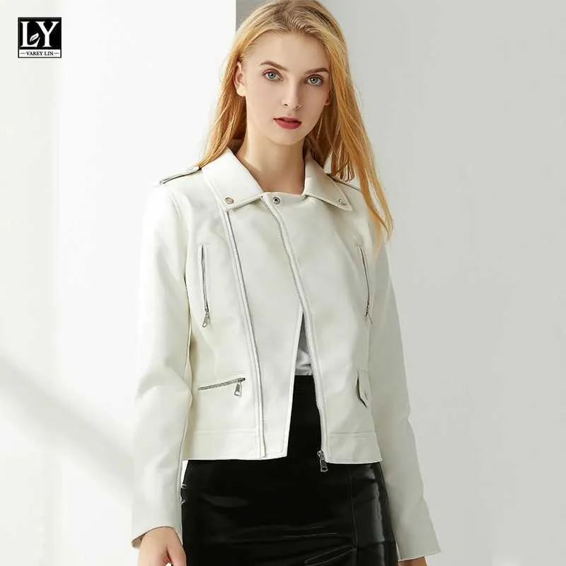 LY VAREY LIN printemps automne moteur motard veste femmes blanc décontracté dames vêtements d'extérieur en cuir mode fermeture éclair 210526