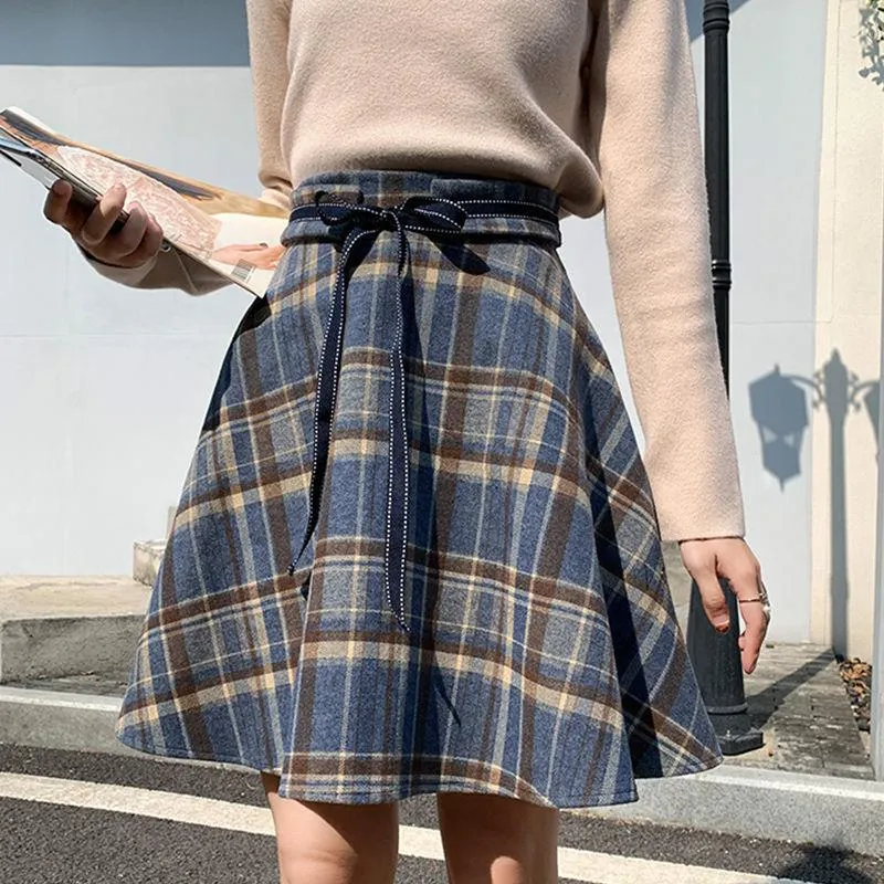 Skirts Autumn Winter Women Skirt Woolen Cloth Plaid Short Preppy Style A-line Fashion Casual Female 2021
