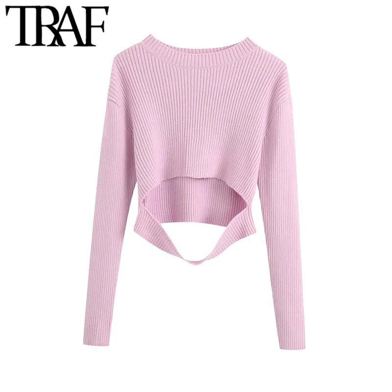 TRAF Mulheres Sexy Moda Escavada De Malha Cropped Sweater Vintage O Neck Manga Longa Fêmea Pullovers Chique Tops 210415