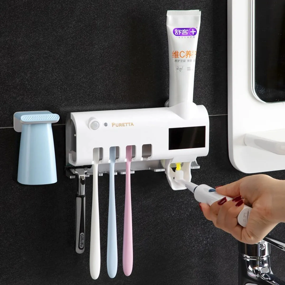 UV Light Toothbrush Sterilizer Holder Wall Mount Automatic Toothpaste Dispenser