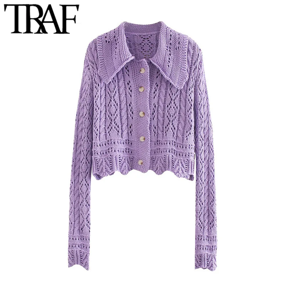 TRAF Kobiety Moda Textured Weave Cropped Dzianinowy Sweter Sweter Vintage Z Długim Rękawem Kobiet Odzież wierzchnia Chic Topy 210415