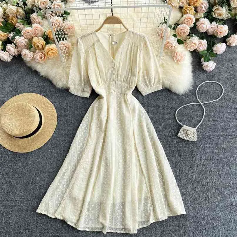 Women Fashion Slim Spring Summer V Collar Short Sleeve A-line Elegant Dress Vintage Korean Clothes Vestidos S306 210527