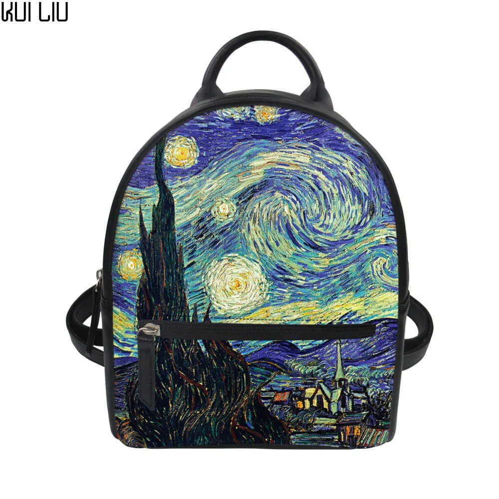 Aangepaste Dames Rugzak Mini Rugzak Dame Luxe Lederen Schouder Bagpack Tieners Bolsa Vincent van Gogh Starry Night Print X0529