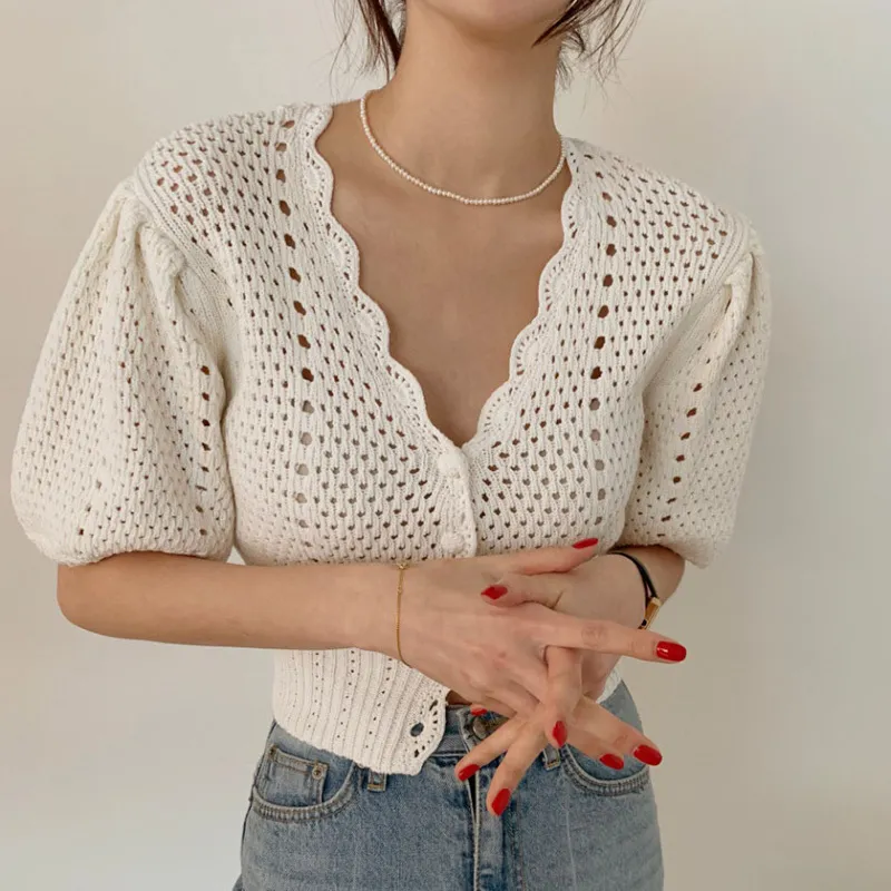Lucyever Summer Casual Creux Out Mince Cardigan Femmes V Cou Puff Manches Crop Tops Femme Vintage Solid Knit Pull Femme 210521