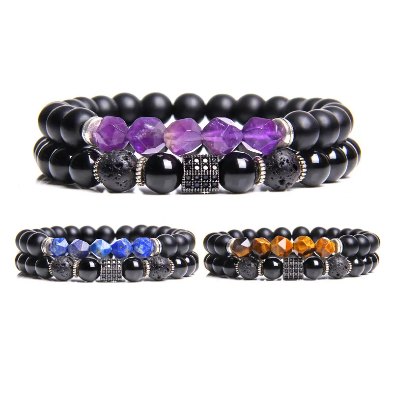 Fashion Faceted Amethysts Tiger Ögon Kvinnor Män Par Armband Naturliga Lava Sten Round Beads Black Agates Kombination Smycken