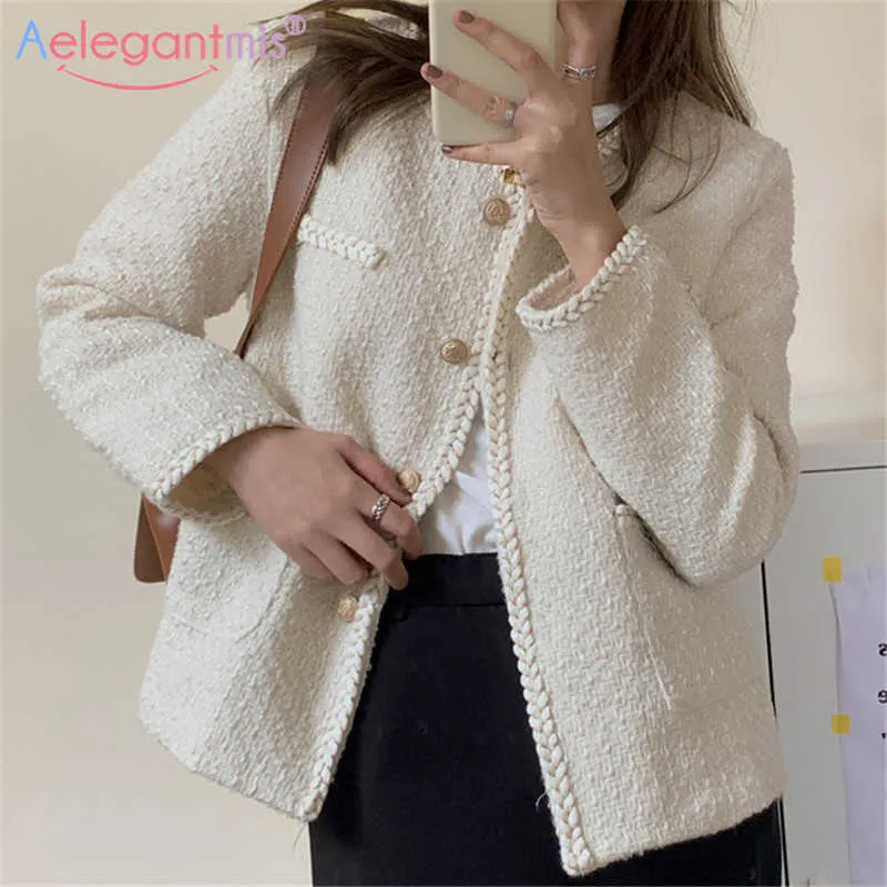 Aelegantmis Korean Fashion Elegant Women Button Woolen Jacket Patchwork Soft Thick Warm Female Wool Color Block Casual 210607