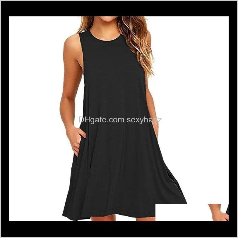 Dresses Womens Clothing Apparel Drop Delivery 2021 Summer Casual Pockets Cotton T-Shirt Sleeveless Loose Solid Tank O-Neck Plus Size Women Mi